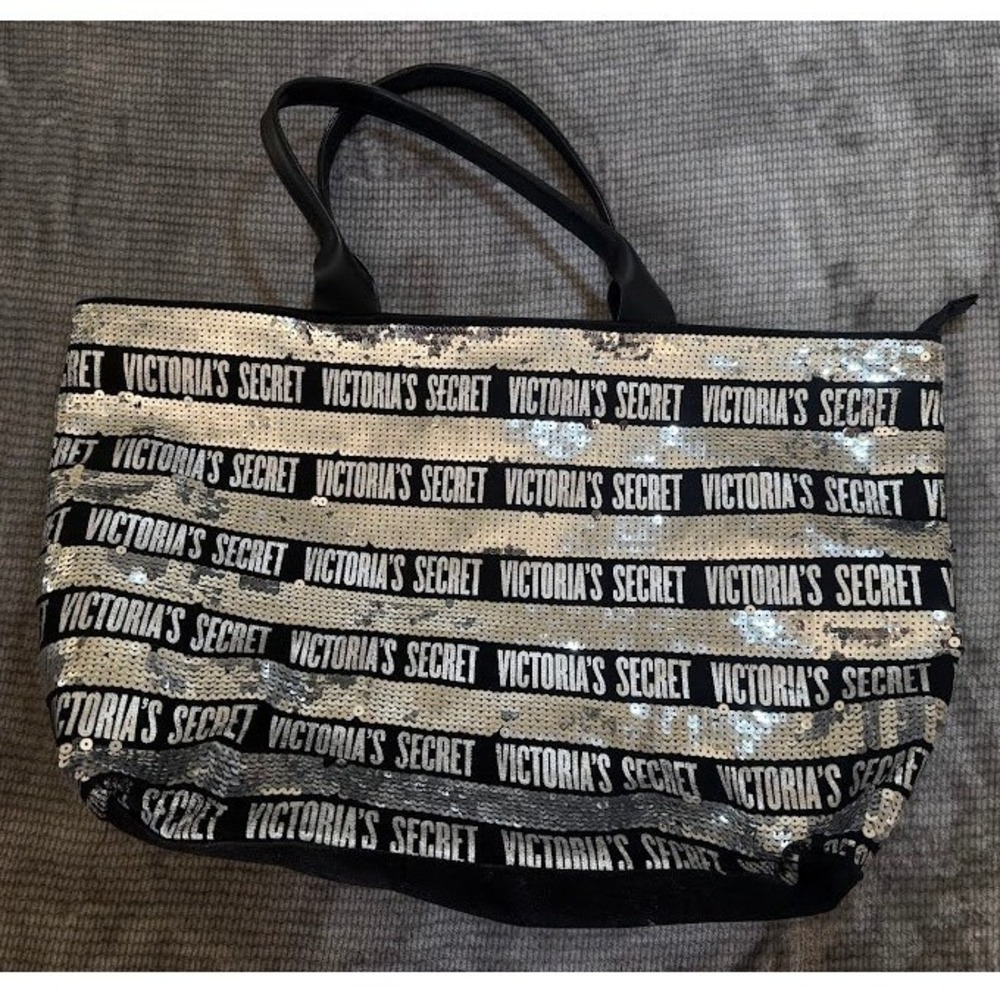 Victorias Secret Silver Sequin Logo Stripe Tote Bag Black Zippered 11145312